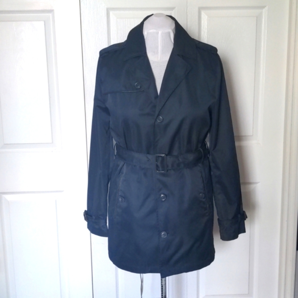Navy Blue Trench Coat with Faux Leather Trim
